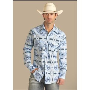 PANHANDLE ROUGH STOCK Mens L Aztec Print Long Sleeve Snap Button Western Shirt